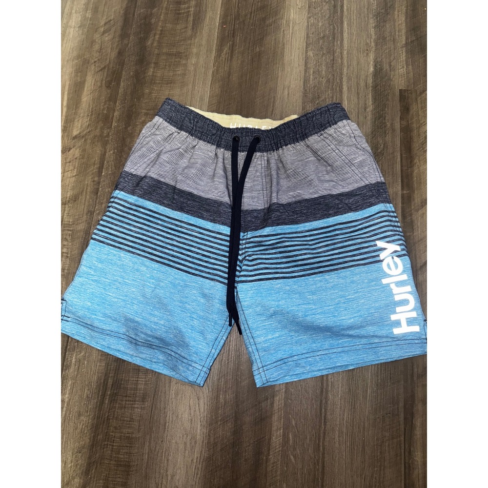 Hurley Mens Blue Striped Board Shorts Swim Trunks Size Medium Drawstring Pocket